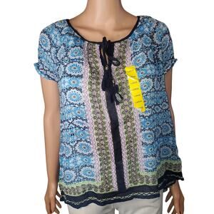 Bila Blue Sheer Boho Blouse L Front Tie Floral Medallion India Rayon NEW